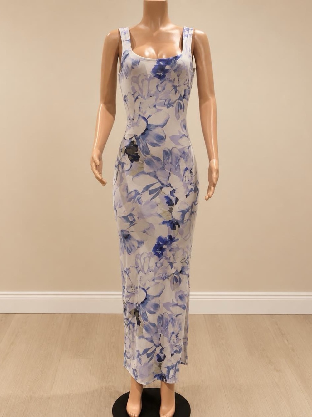 Haute Monde Purple Floral Maxi Dress Side Slit Stretchy Size Small NWT